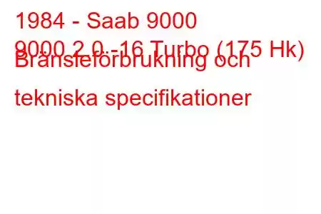 1984 - Saab 9000
9000 2.0 -16 Turbo (175 Hk) Bränsleförbrukning och tekniska specifikationer