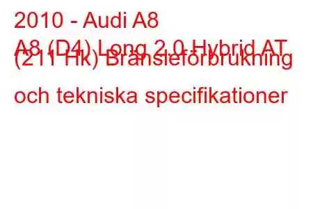 2010 - Audi A8
A8 (D4) Long 2.0 Hybrid AT (211 Hk) Bränsleförbrukning och tekniska specifikationer