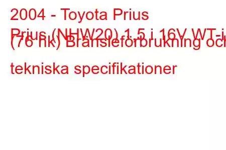 2004 - Toyota Prius
Prius (NHW20) 1,5 i 16V WT-i (76 hk) Bränsleförbrukning och tekniska specifikationer