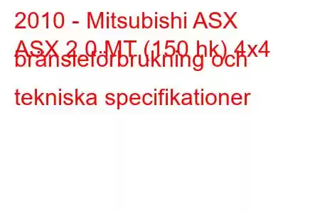 2010 - Mitsubishi ASX
ASX 2.0 MT (150 hk) 4x4 bränsleförbrukning och tekniska specifikationer