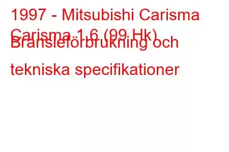 1997 - Mitsubishi Carisma
Carisma 1.6 (99 Hk) Bränsleförbrukning och tekniska specifikationer