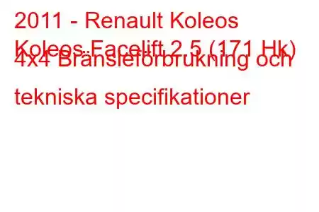 2011 - Renault Koleos
Koleos Facelift 2.5 (171 Hk) 4x4 Bränsleförbrukning och tekniska specifikationer