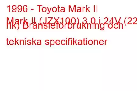 1996 - Toyota Mark II
Mark II (JZX100) 3.0 i 24V (220 hk) Bränsleförbrukning och tekniska specifikationer