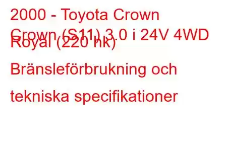 2000 - Toyota Crown
Crown (S11) 3.0 i 24V 4WD Royal (220 hk) Bränsleförbrukning och tekniska specifikationer