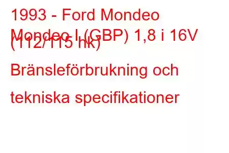 1993 - Ford Mondeo
Mondeo I (GBP) 1,8 i 16V (112/115 hk) Bränsleförbrukning och tekniska specifikationer