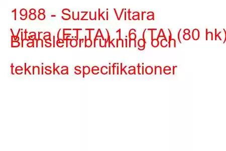 1988 - Suzuki Vitara
Vitara (ET,TA) 1.6 (TA) (80 hk) Bränsleförbrukning och tekniska specifikationer