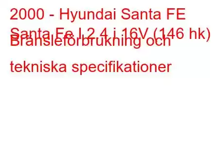 2000 - Hyundai Santa FE
Santa Fe I 2.4 i 16V (146 hk) Bränsleförbrukning och tekniska specifikationer