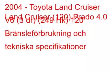 2004 - Toyota Land Cruiser
Land Cruiser (120) Prado 4.0 V6 (3 dr) (249 Hk) 120 Bränsleförbrukning och tekniska specifikationer