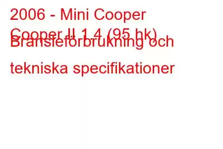 2006 - Mini Cooper
Cooper II 1.4 (95 hk) Bränsleförbrukning och tekniska specifikationer