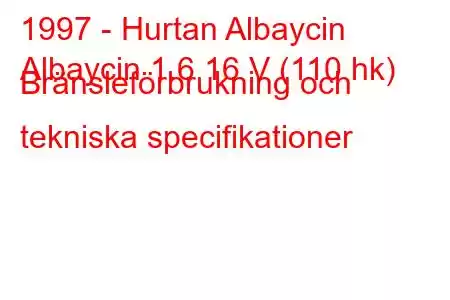 1997 - Hurtan Albaycin
Albaycin 1.6 16 V (110 hk) Bränsleförbrukning och tekniska specifikationer