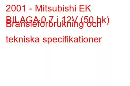 2001 - Mitsubishi EK
BILAGA 0.7 i 12V (50 hk) Bränsleförbrukning och tekniska specifikationer