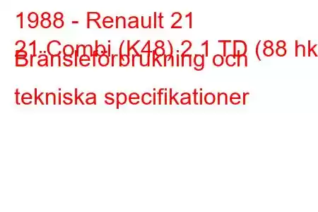 1988 - Renault 21
21 Combi (K48) 2.1 TD (88 hk) Bränsleförbrukning och tekniska specifikationer