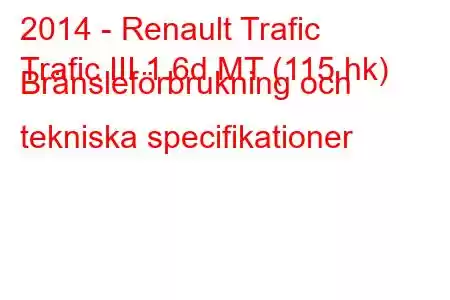 2014 - Renault Trafic
Trafic III 1.6d MT (115 hk) Bränsleförbrukning och tekniska specifikationer