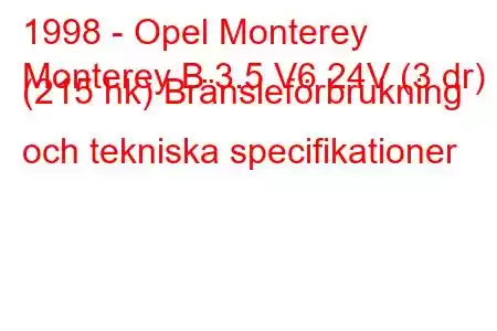 1998 - Opel Monterey
Monterey B 3.5 V6 24V (3 dr) (215 hk) Bränsleförbrukning och tekniska specifikationer