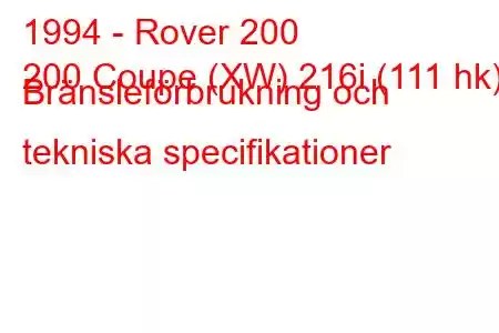 1994 - Rover 200
200 Coupe (XW) 216i (111 hk) Bränsleförbrukning och tekniska specifikationer