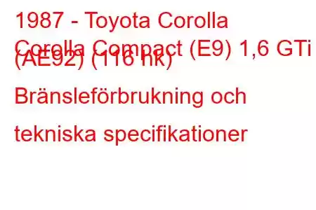 1987 - Toyota Corolla
Corolla Compact (E9) 1,6 GTi (AE92) (116 hk) Bränsleförbrukning och tekniska specifikationer