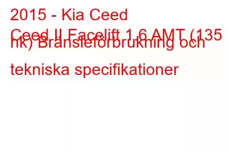 2015 - Kia Ceed
Ceed II Facelift 1.6 AMT (135 hk) Bränsleförbrukning och tekniska specifikationer