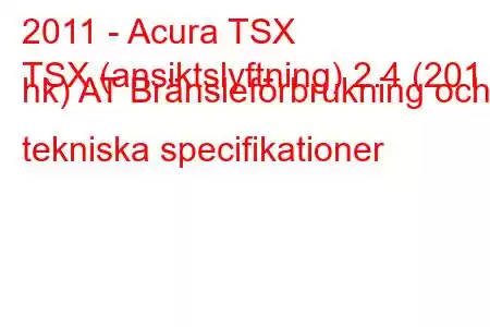 2011 - Acura TSX
TSX (ansiktslyftning) 2.4 (201 hk) AT Bränsleförbrukning och tekniska specifikationer