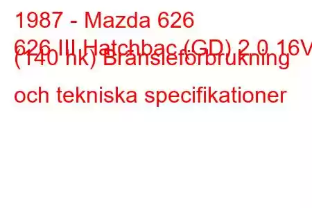 1987 - Mazda 626
626 III Hatchbac (GD) 2.0 16V (140 hk) Bränsleförbrukning och tekniska specifikationer