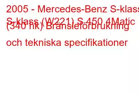 2005 - Mercedes-Benz S-klass
S-klass (W221) S 450 4Matic (340 hk) Bränsleförbrukning och tekniska specifikationer