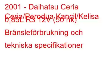 2001 - Daihatsu Ceria
Ceria/Perodua Kancil/Kelisa 0,85L R3 12V (50 hk) Bränsleförbrukning och tekniska specifikationer