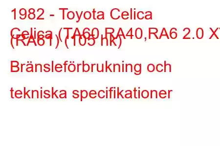 1982 - Toyota Celica
Celica (TA60,RA40,RA6 2.0 XT (RA61) (105 hk) Bränsleförbrukning och tekniska specifikationer