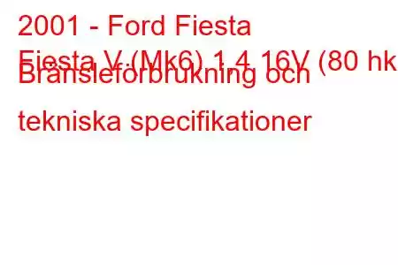 2001 - Ford Fiesta
Fiesta V (Mk6) 1,4 16V (80 hk) Bränsleförbrukning och tekniska specifikationer