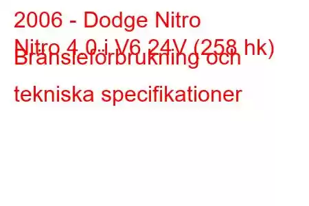 2006 - Dodge Nitro
Nitro 4.0 i V6 24V (258 hk) Bränsleförbrukning och tekniska specifikationer