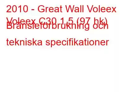 2010 - Great Wall Voleex
Voleex C30 1,5 (97 hk) Bränsleförbrukning och tekniska specifikationer