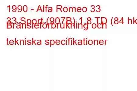 1990 - Alfa Romeo 33
33 Sport (907B) 1,8 TD (84 hk) Bränsleförbrukning och tekniska specifikationer