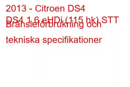 2013 - Citroen DS4
DS4 1.6 eHDi (115 hk) STT Bränsleförbrukning och tekniska specifikationer