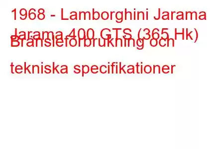 1968 - Lamborghini Jarama
Jarama 400 GTS (365 Hk) Bränsleförbrukning och tekniska specifikationer