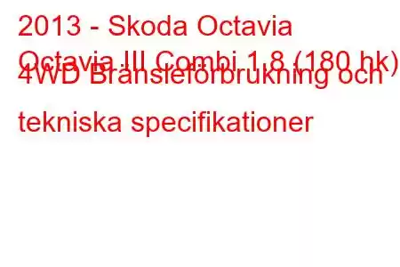 2013 - Skoda Octavia
Octavia III Combi 1.8 (180 hk) 4WD Bränsleförbrukning och tekniska specifikationer