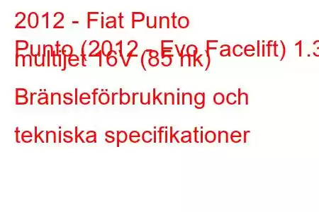 2012 - Fiat Punto
Punto (2012 - Evo Facelift) 1.3 multijet 16V (85 hk) Bränsleförbrukning och tekniska specifikationer