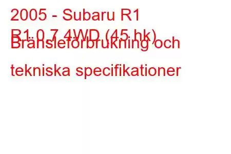 2005 - Subaru R1
R1 0,7 4WD (45 hk) Bränsleförbrukning och tekniska specifikationer