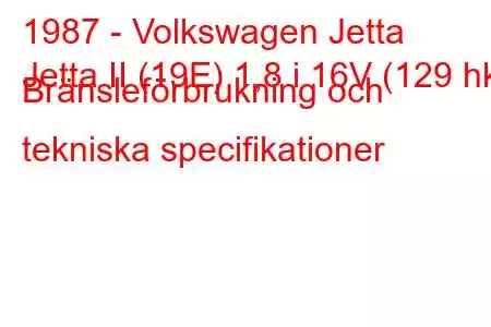 1987 - Volkswagen Jetta
Jetta II (19E) 1,8 i 16V (129 hk) Bränsleförbrukning och tekniska specifikationer