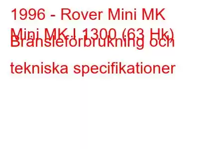 1996 - Rover Mini MK
Mini MK I 1300 (63 Hk) Bränsleförbrukning och tekniska specifikationer