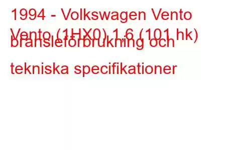 1994 - Volkswagen Vento
Vento (1HX0) 1,6 (101 hk) bränsleförbrukning och tekniska specifikationer