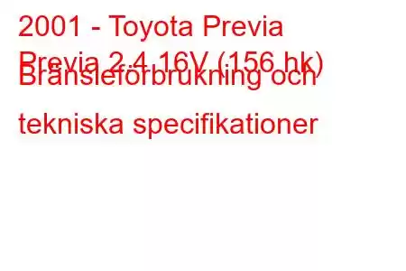 2001 - Toyota Previa
Previa 2.4 16V (156 hk) Bränsleförbrukning och tekniska specifikationer