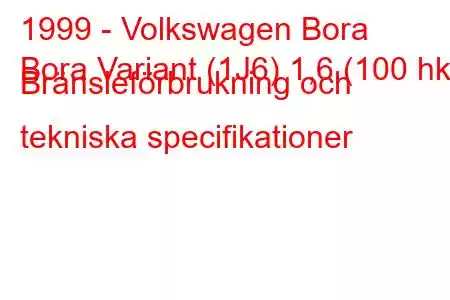 1999 - Volkswagen Bora
Bora Variant (1J6) 1,6 (100 hk) Bränsleförbrukning och tekniska specifikationer