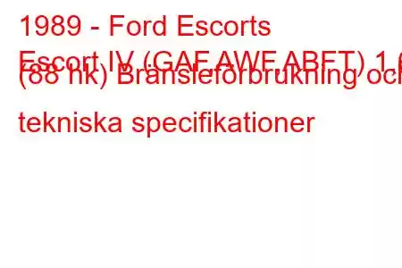 1989 - Ford Escorts
Escort IV (GAF,AWF,ABFT) 1,6 (88 hk) Bränsleförbrukning och tekniska specifikationer