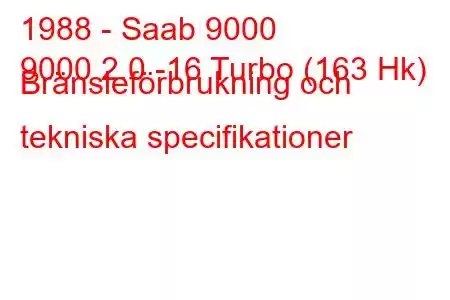 1988 - Saab 9000
9000 2.0 -16 Turbo (163 Hk) Bränsleförbrukning och tekniska specifikationer