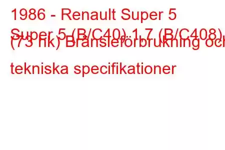 1986 - Renault Super 5
Super 5 (B/C40) 1,7 (B/C408) (73 hk) Bränsleförbrukning och tekniska specifikationer