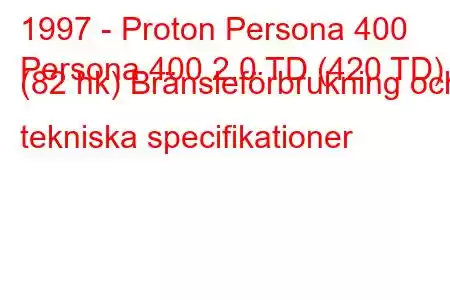 1997 - Proton Persona 400
Persona 400 2.0 TD (420 TD) (82 hk) Bränsleförbrukning och tekniska specifikationer