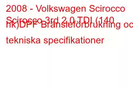 2008 - Volkswagen Scirocco
Scirocco 3rd 2.0 TDI (140 hk)DPF Bränsleförbrukning och tekniska specifikationer