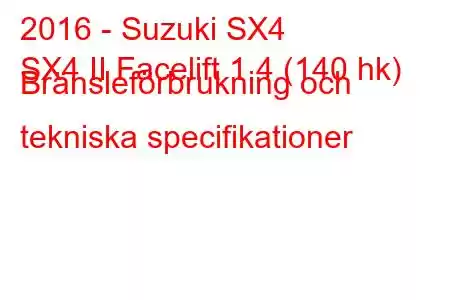 2016 - Suzuki SX4
SX4 II Facelift 1.4 (140 hk) Bränsleförbrukning och tekniska specifikationer