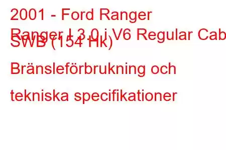 2001 - Ford Ranger
Ranger I 3.0 i V6 Regular Cab SWB (154 Hk) Bränsleförbrukning och tekniska specifikationer