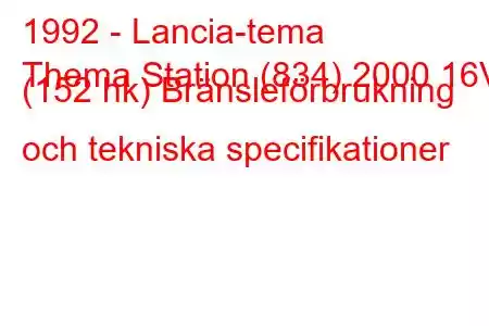 1992 - Lancia-tema
Thema Station (834) 2000 16V (152 hk) Bränsleförbrukning och tekniska specifikationer