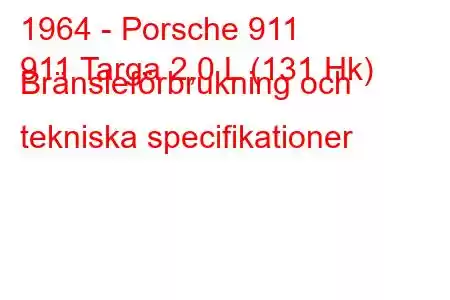 1964 - Porsche 911
911 Targa 2,0 L (131 Hk) Bränsleförbrukning och tekniska specifikationer