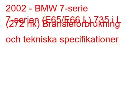 2002 - BMW 7-serie
7-serien (E65/E66 L) 735 i L (272 hk) Bränsleförbrukning och tekniska specifikationer